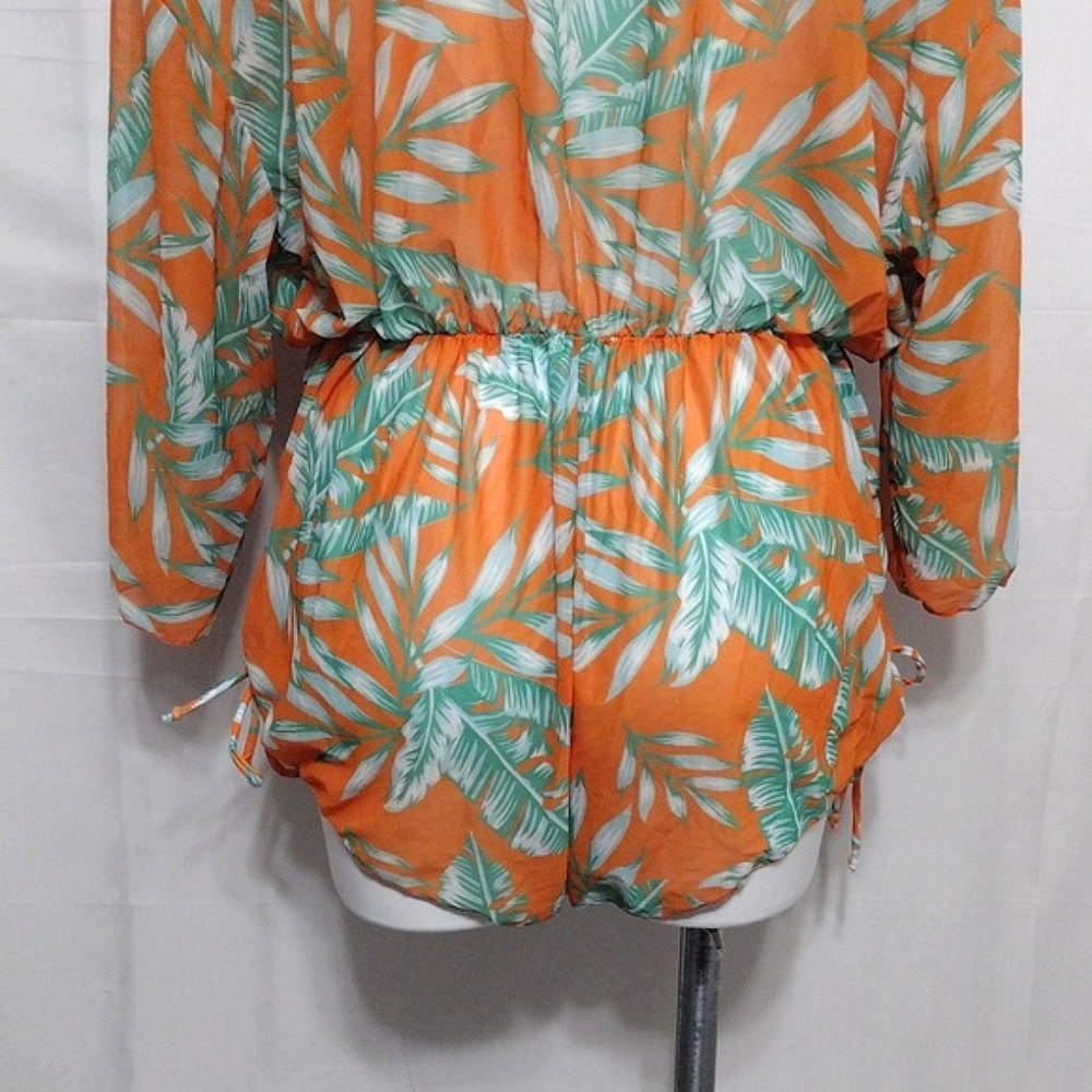 Sheer Tropical Cover Up Romper Plunge V Neck Cinched Waist Beach Resort XL - Picture 12 of 14